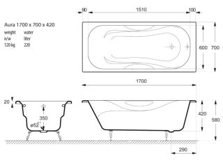 Ванна чугунная Vinsent Veron Aura VAU1707042 170x70см без отверстий для ручек